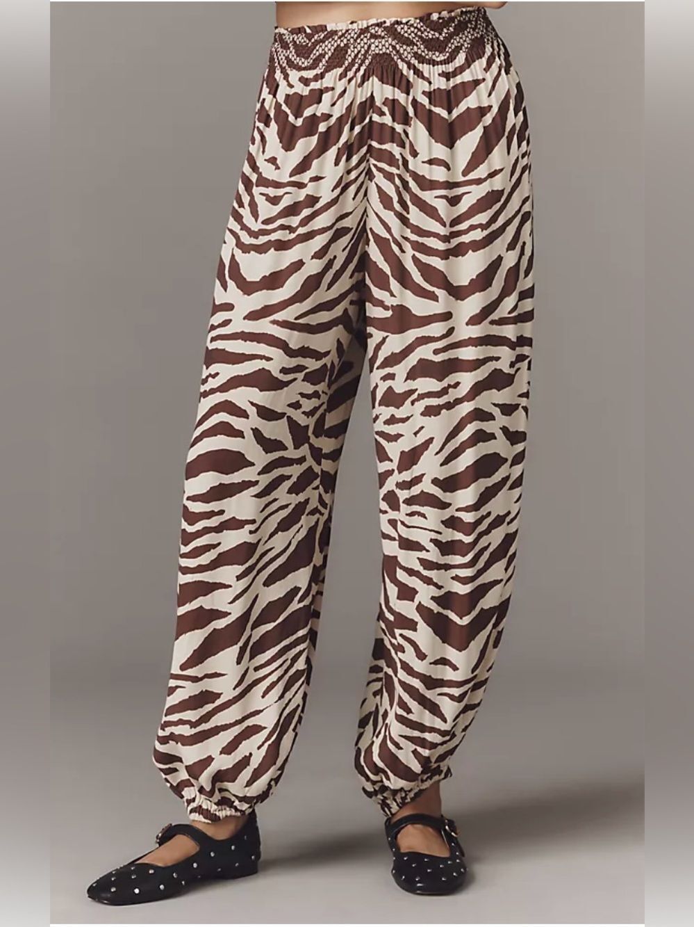 Anthropologie Brown and Cream Zebra-Print Drawstring Joggers Sz XS